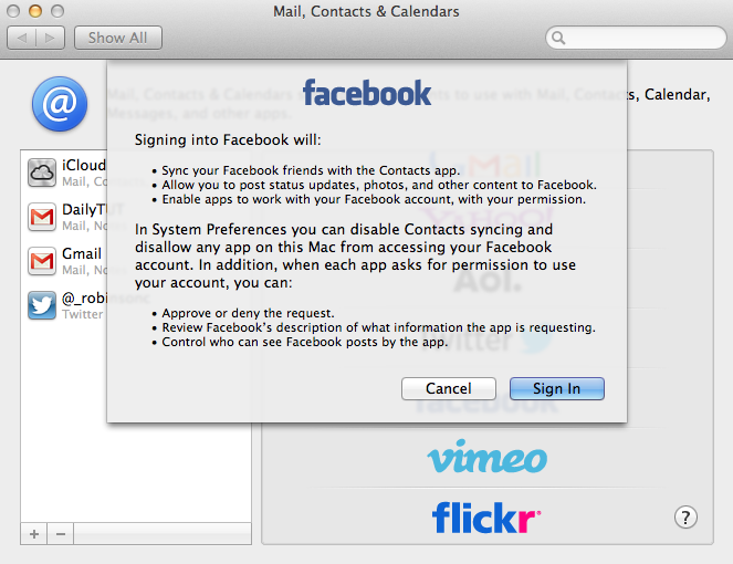 facebook integration mountain lion