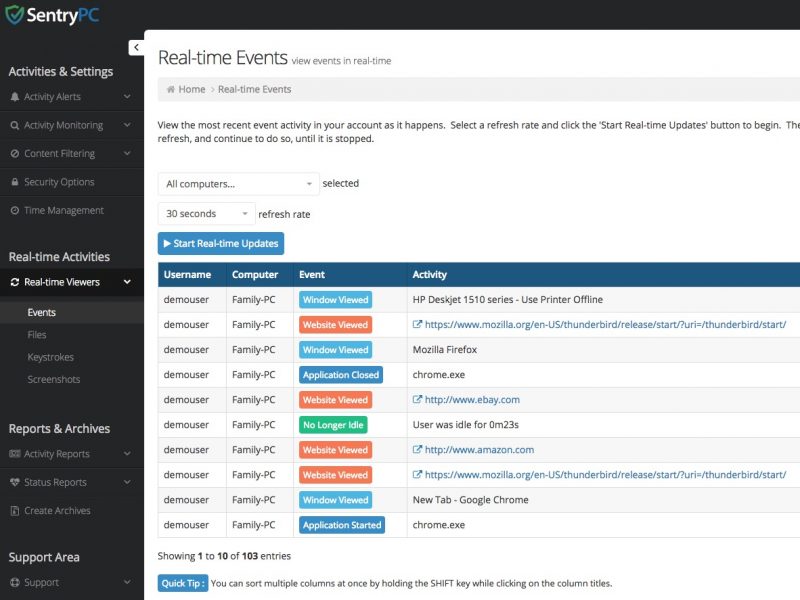 sentrypc realtime events