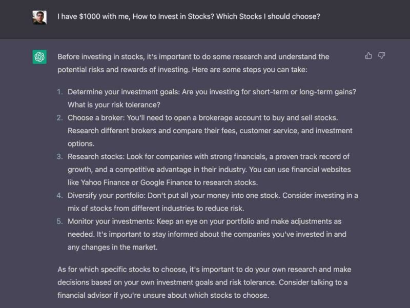 chatgpt financial advice investment