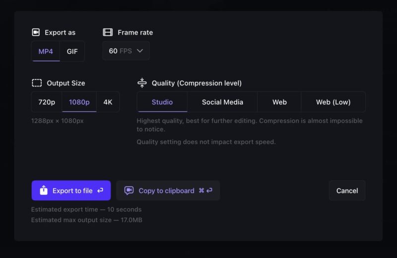 screen studio export settings