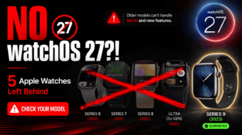 Warning banner: No Watch 27 with crossed-out Apple Watches and a red ‘Check Your Model’ label at the bottom left; model check alert.