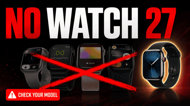 Warning banner: No Watch 27 with crossed-out Apple Watches and a red ‘Check Your Model’ label at the bottom left; model check alert.