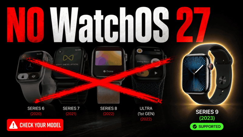 Poster for 'No Watches 27' showing crossed red X over Apple Watch models (Series 6–Ultra) with Series 9 Supported badge and a red 'Check Your Model' warning.
