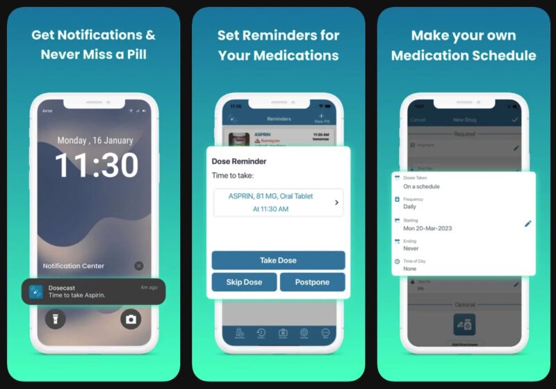 Three smartphone screens showing a medication reminder app with banners: Get Notifications & Never Miss a Pill; Set Reminders for Your Medications; Make your own Medication Schedule.
