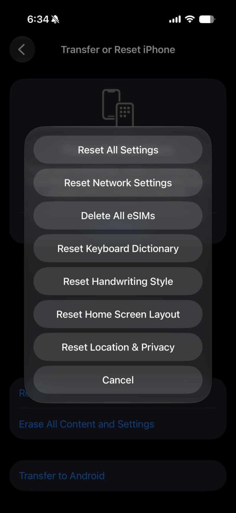 iOS Update Reset All Settings